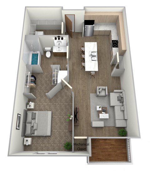 Floor plan for 1 bed, 1 bath, 763 sqft